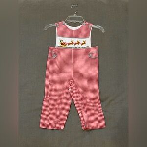 Banana Split Red Gingham Christmas Reindeer Smocked Overalls - Kids Bottoms